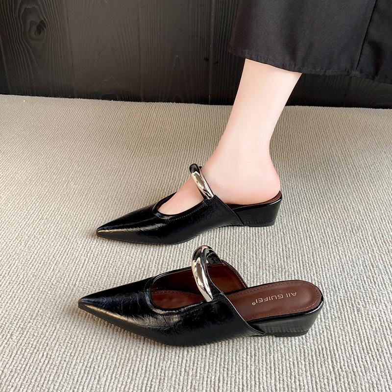 Soft Sole Heightened Metal Buckle French Bag Head Half Slippers Women's Summer Wear 2025 Slope Heel Pointed Muller Shoes Sandals Tide
