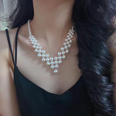 Design Sense Retro High Quality Imitation Australian White Artificial Pearl Woven Necklace Evening Chain