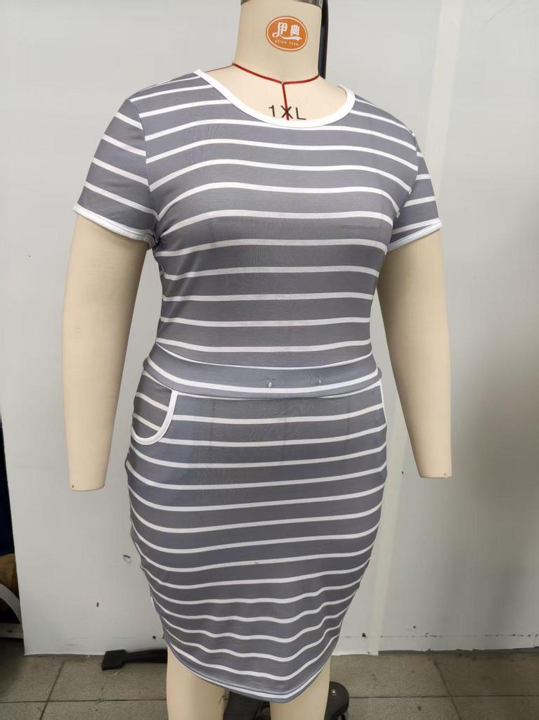 2026 Summer Commuter Belted Striped Plus Size Women's Dress