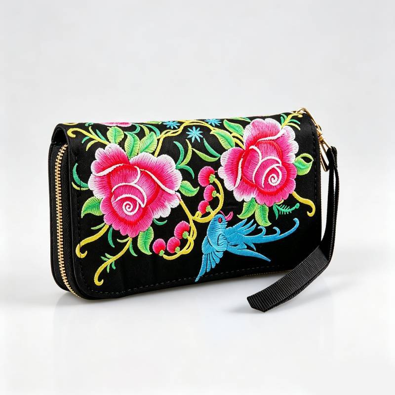 Ethnic Embroidered Purse With Zipper Closure For Women Mini Phone Wallet Organizer