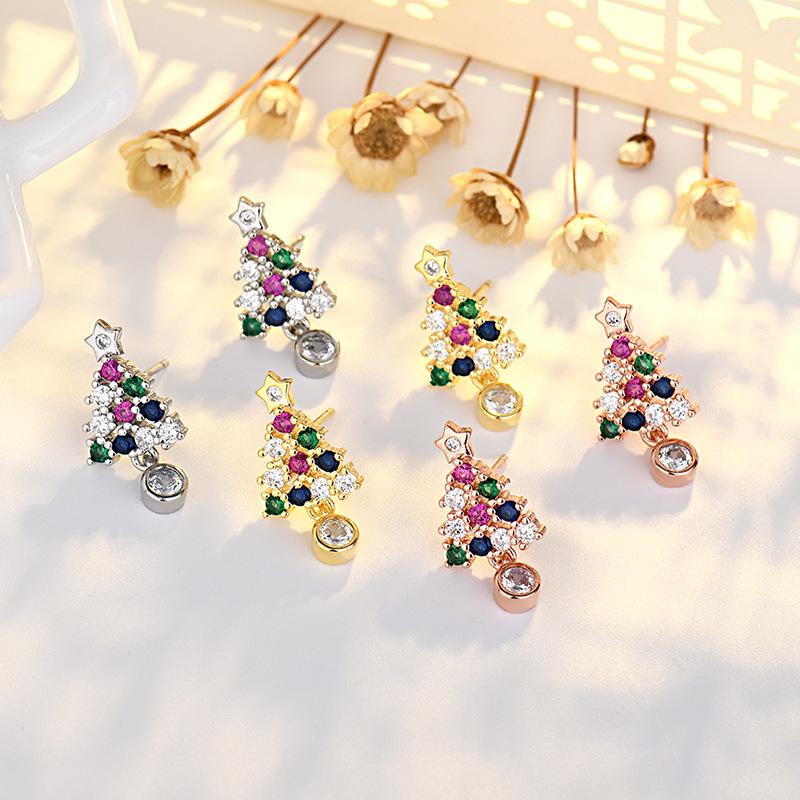 925 Sterling Silver Needle Christmas Tree Earrings New Trendy Temperament Ear Jewelry Ins Simple Niche Design Color Zirconium Earrings 2026