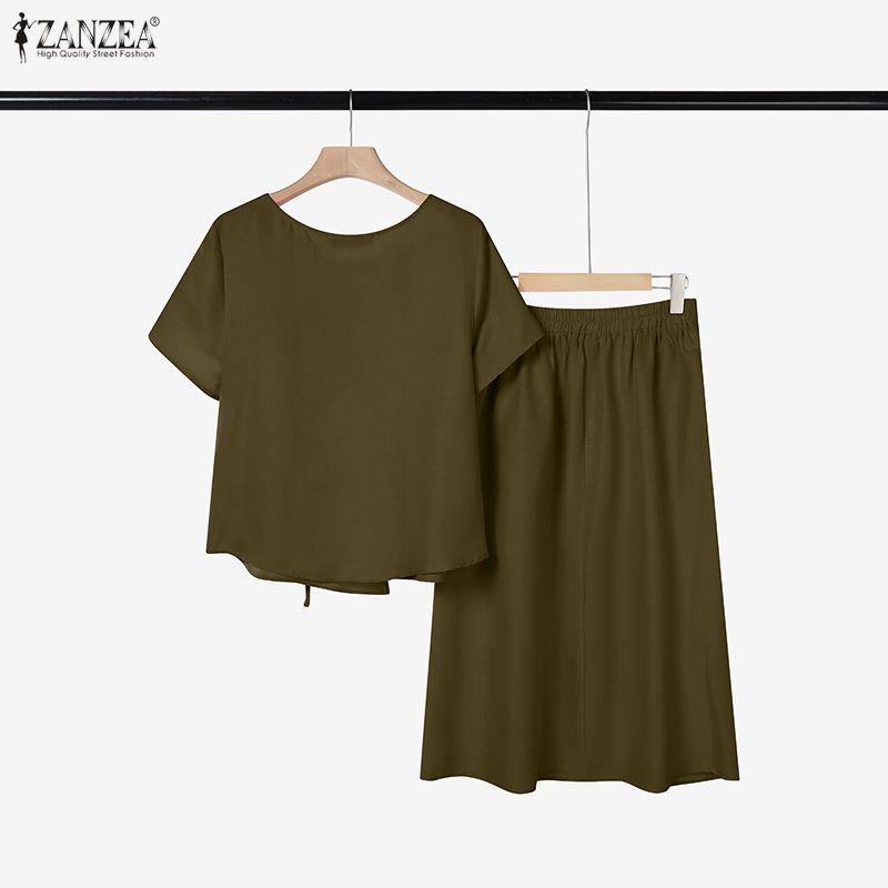 ZANZEA Two Piece Suit Women Short Sleeve Tops and Midi Pleated Skirts Elegant Sets