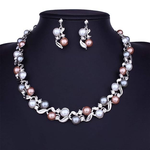 Fashion 18k Gold Plated Pearl Necklace Jewellery Set with Fancy Earrings for Girls and Women