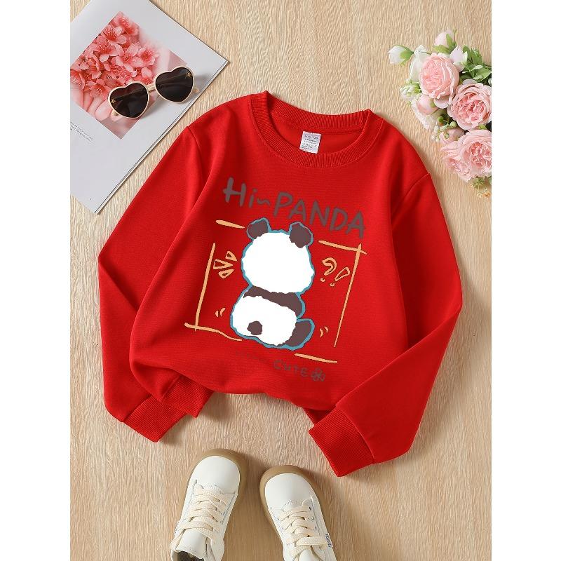 Girls' Crewneck Sweatshirt Hi Panda Cute Panda Face Design Machine Washable, Spring And Autumn