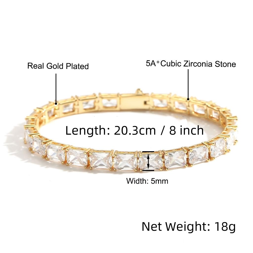 Rockyu Unisex Tennis Chain Bracelet with Cubic Zirconia, Square Cut, Gold and Silver Finish, 5mm Wide, 17.7cm Long, Simple and Sparkling Design, Unise