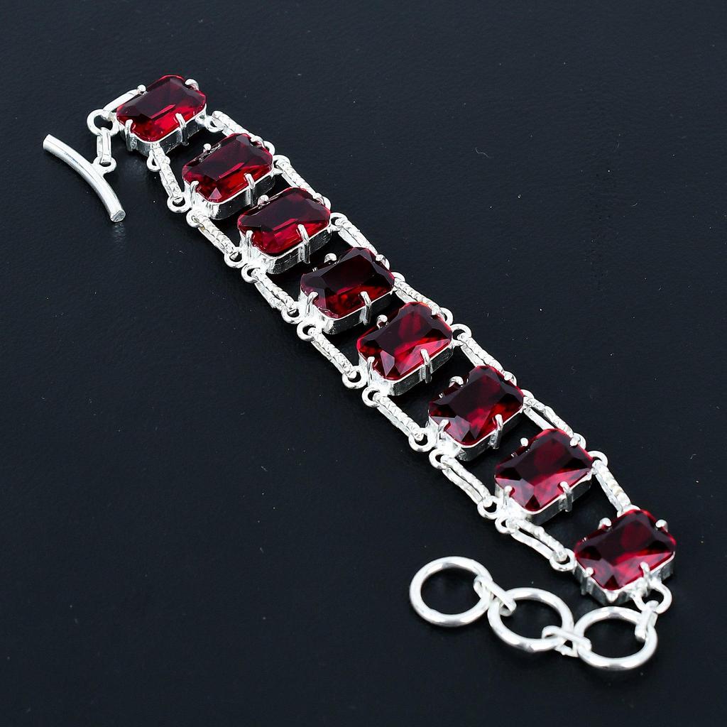 Faceted Red Garnet Bracelet 925 Sterling Silver Jewelry Adjustable Chain Bracelet Cushion Shape Gemstone Handmade Jewelry Gift For Her