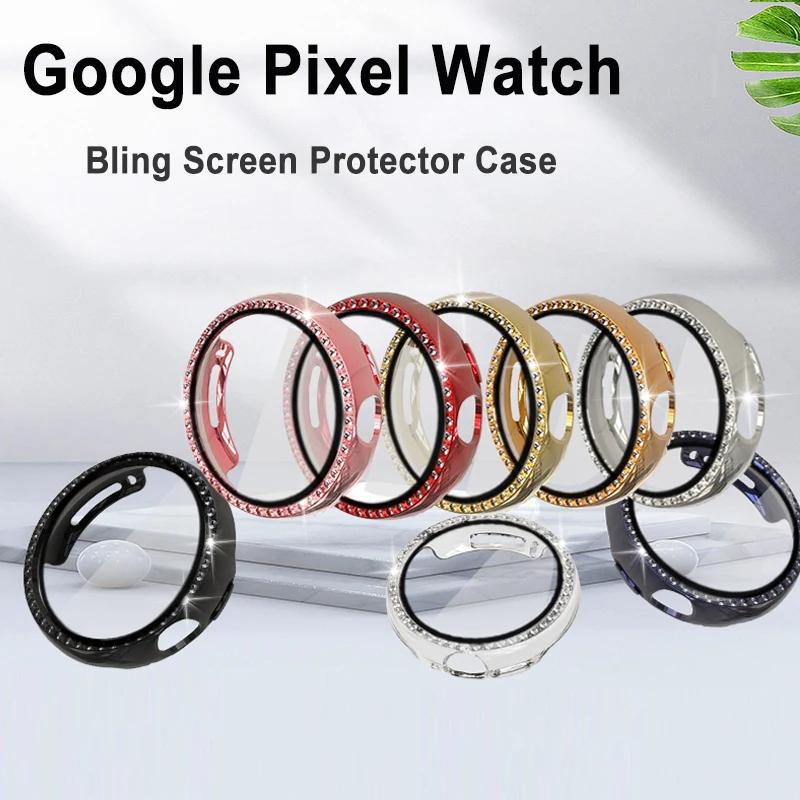Diamond Case with Temepred Glass for Google Pixel Watch PC Bumper Screen Protector Women Full Bling Cover for Google Pixel Watch Accessories