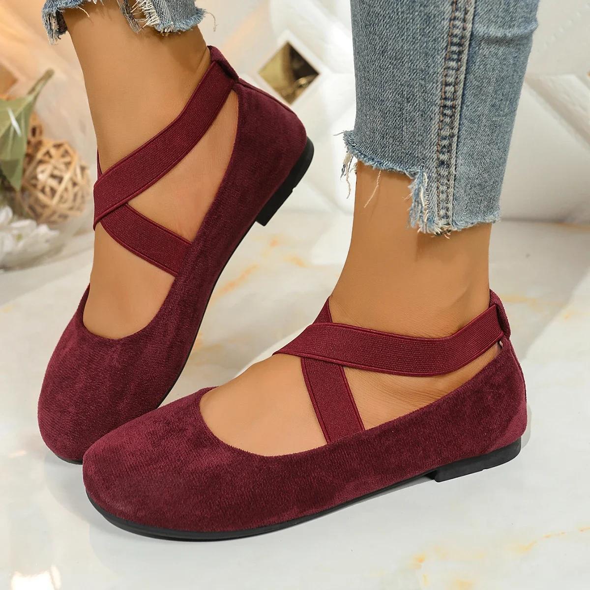

Fashion Sweet Suede Cross Strap Slip On Ballet Flats Women 2025 Summer Round Toe Flat Heels Shoes Size 43 Fashion Solid Mary Jane Shoes 39 червоний