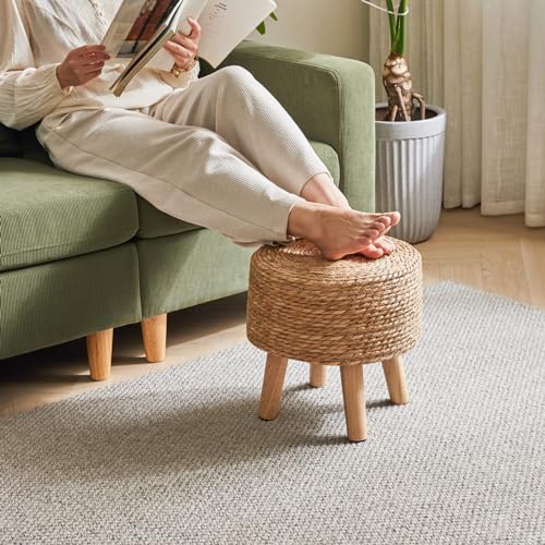 YMYNY Ottoman Stool, Footstool, Handwoven Natural Seagrass, Pastoral Style, with Padded Footrest, Non-Slip, Pine Legs, Wooden Sofa Stool, Suitable for