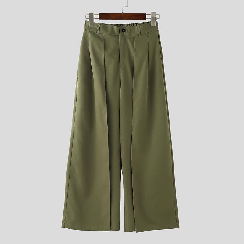 INCERUN Men Zip-up Elastic High Waist Trousers Casual Long Wide Legs Pants