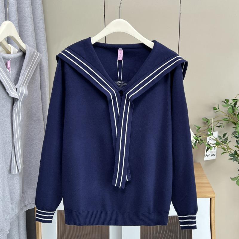 Plus Size Women Ribbon Sailor Collar Long Sleeve Knit Sweater