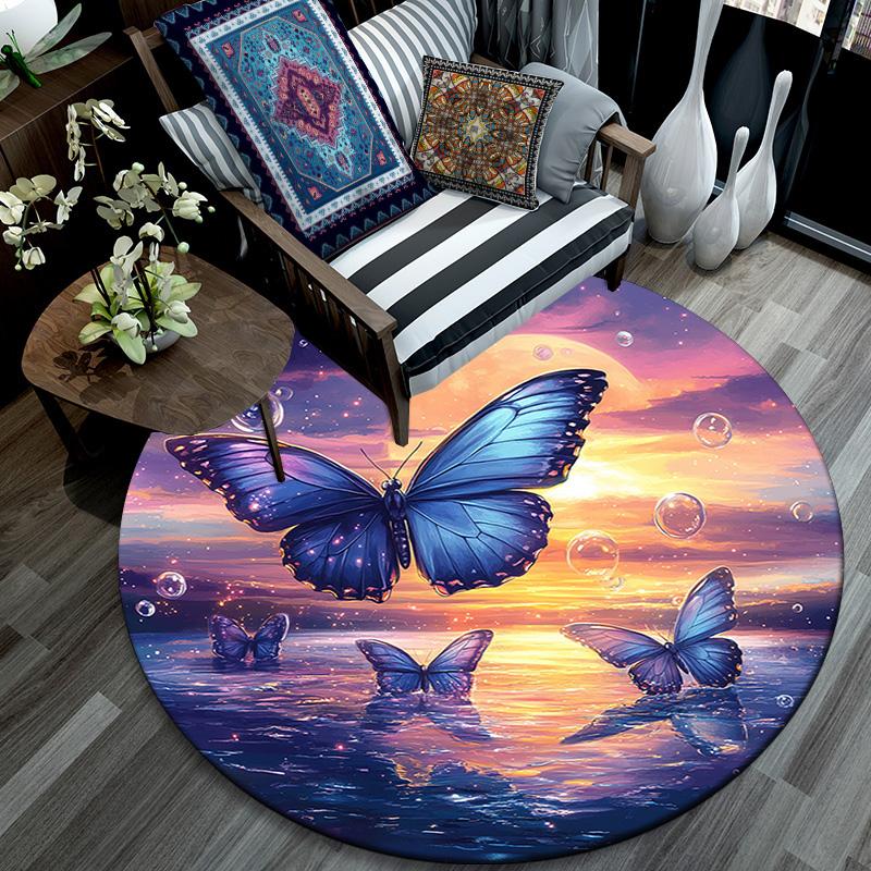 Butterflies Sunset Round Area Rug,Carpet Rug for Living Room Bedroom Sofa Playroom Decor,Non-slip Floor Mat