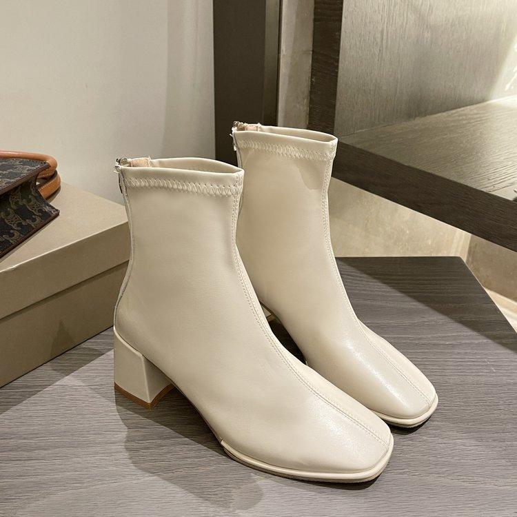 Retro Short Boots Women's Autumn New Square Head Thick Heel Fashion Boots Rear Zipper High Heel Thin Boots