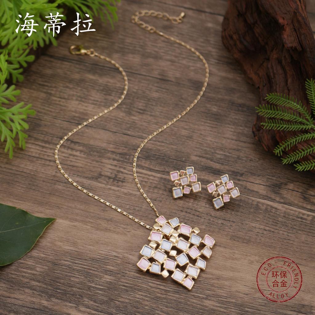 New enamel color hollow square stud earrings pendant set women's high-end geometric square necklace