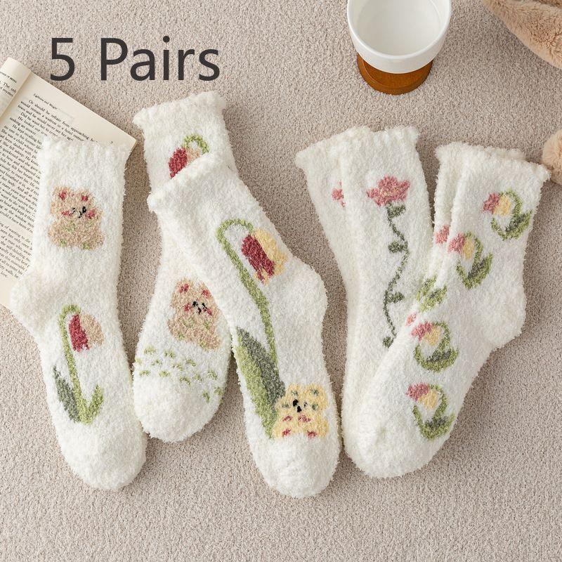 5 Pairs of Female Winter Velvet Thickened Warm Home Sleeping Floor Tube Socks