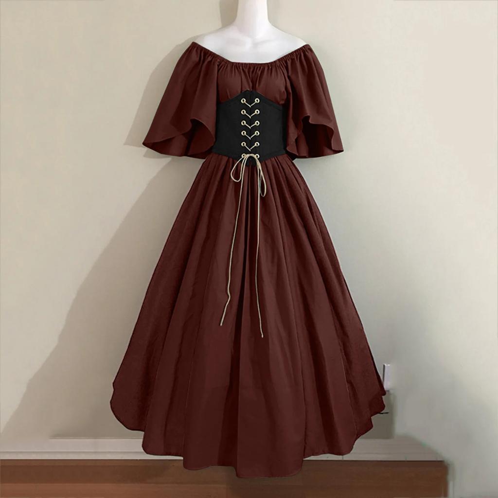 Halloween Costumes for Women Medieval Retro Contrasting Color Slim Swing Dress One-word Shoulder Dress Love Live Cosplay