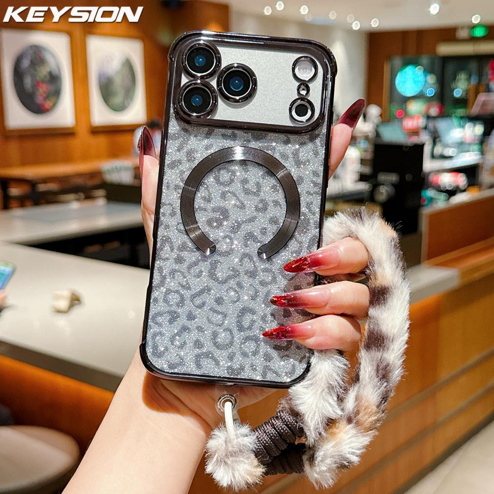 KEYSION Glitter Leopard Print Magnetic Phone Case for iPhone 13 14 15 16 17 Pro Max 17 Air 16 Plus With Plush Lanyard Shockproof Cover
