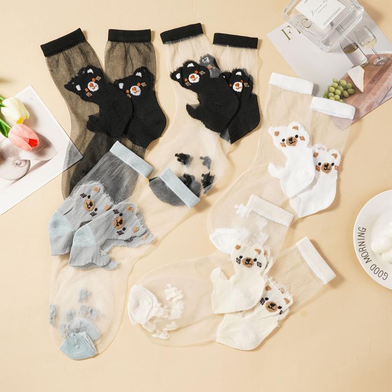 3/5 Pairs Cartoon Bear Sheer Mesh Socks for Women Breathable Transparent Ankle Socks Thin Summer Socks Cute Animal Pattern Socks