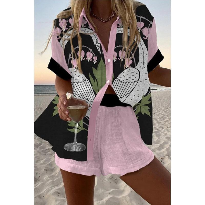 1116 spring and summer European and American fashion women's clothing printed loose shorts short-sleeved shirts cartoon POD fixed
