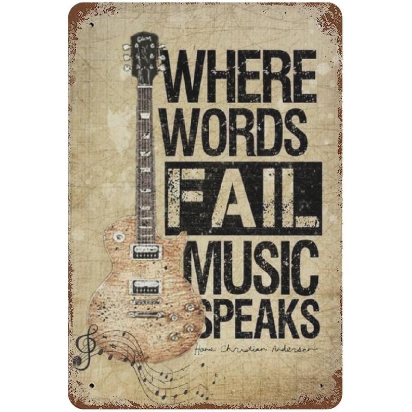 LEIZENTIN Vintage Tin Sign Guitar Where Words Fail Music Speaks Home Bar Poster Wall Decor Retro Metal Sign 8x12inch