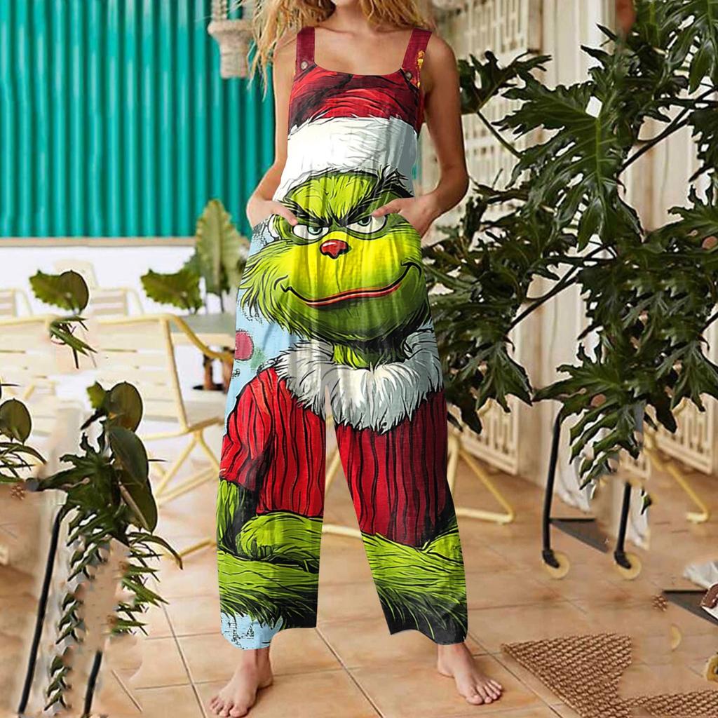 Damen Lässige Overalls Jumpsuits Verstellbare Träger Ärmellos Weihnachtsprint Bequeme Einteiler Mit Tasche