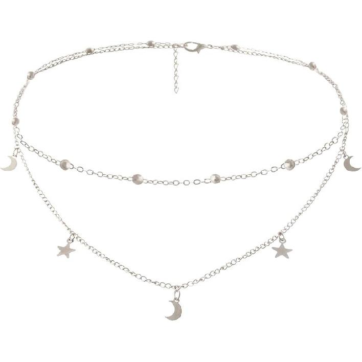 Star Moon Charm Necklace Layering Chain Choker for Women