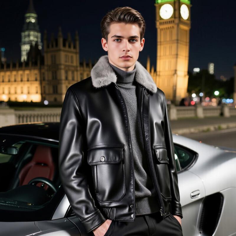 Futing Men's Lambskin Goose Down Leather Jacket with Mink Fur Collar