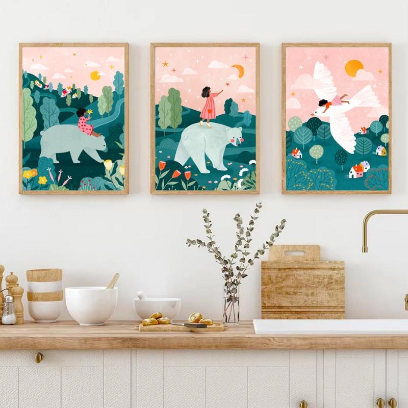 1pc Children's Day Art Poster Colorful Children's Animals Nature Landscape Botanical Illustration Children's Room Nursery Decor