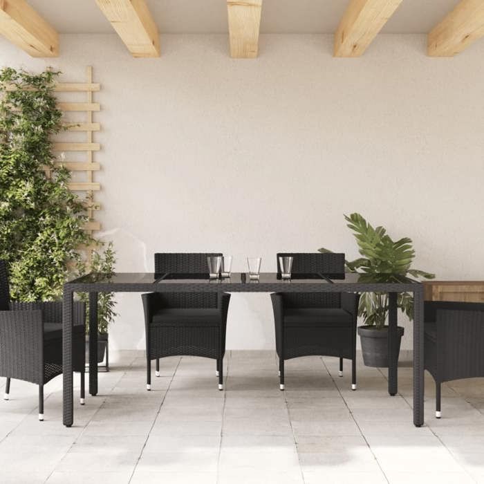 VidaXL Garden Table Glass Top Black 190x90x75cm Woven Resin 365592