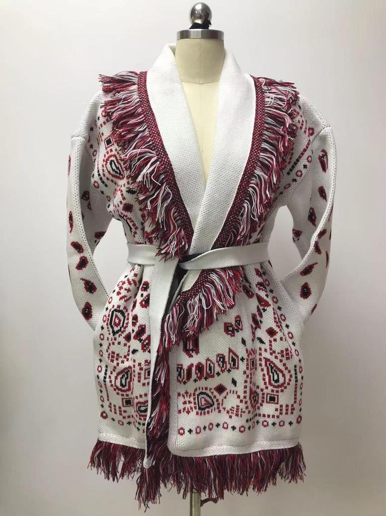 European & American Retro Color-Blocked Tassel Jacquard Mid-Length Cardigan - Women's Loose Fit Lapel Coat for Autumn/Winter