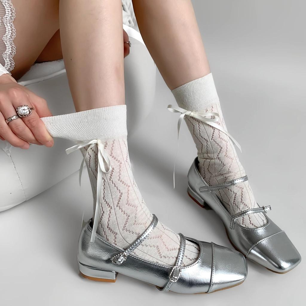 Spring Summer Ballet Style Hollow Out Tied Ribbon Stacking Socks For Girls And Teens