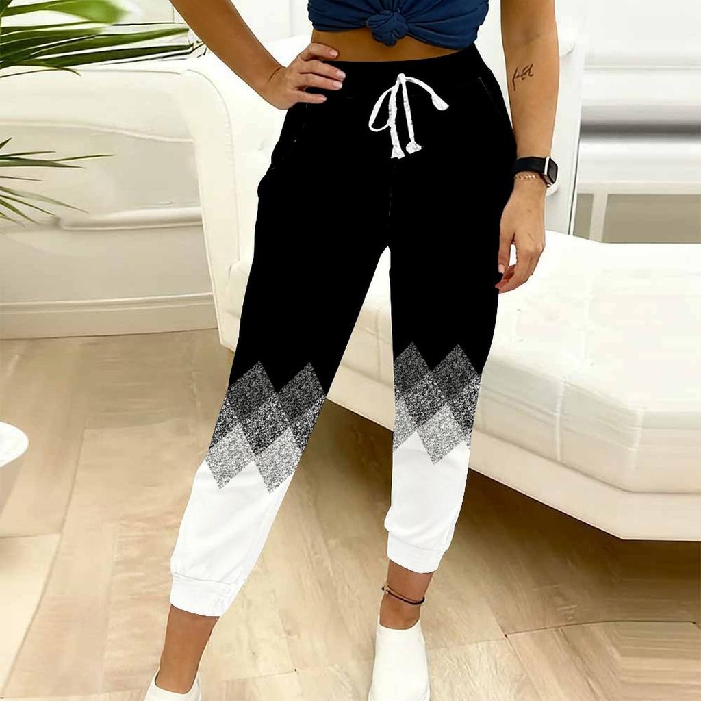 Summer Ladies Level Printed Sweatpants Loose Fit Drawstring Joggers Elastic Cuff Daily Casual Pants