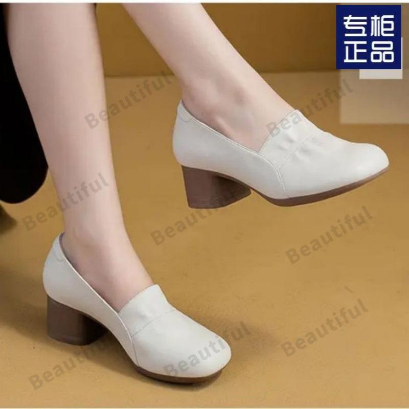 Summer New Shoes Mother Shoes Women's Soft Sole Soft Surface Simple Temperament Medium Heel Thick Heel Single Shoes Women's Medium Shoes