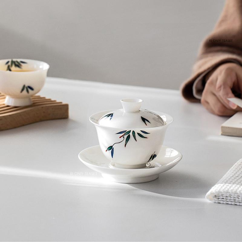 110ml Chinese White Porcelain Gaiwan Handmade Bamboo Leaf Pattern Ceramic Tea Tureen Travel Portable Tea Bowl Household Tea Set