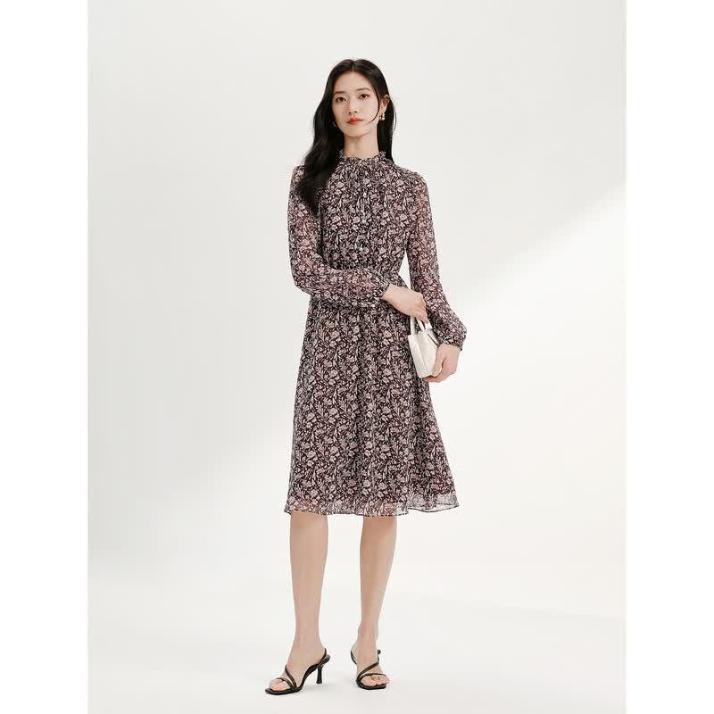 JUZUI French Retro Printed V-neck Chiffon Dress