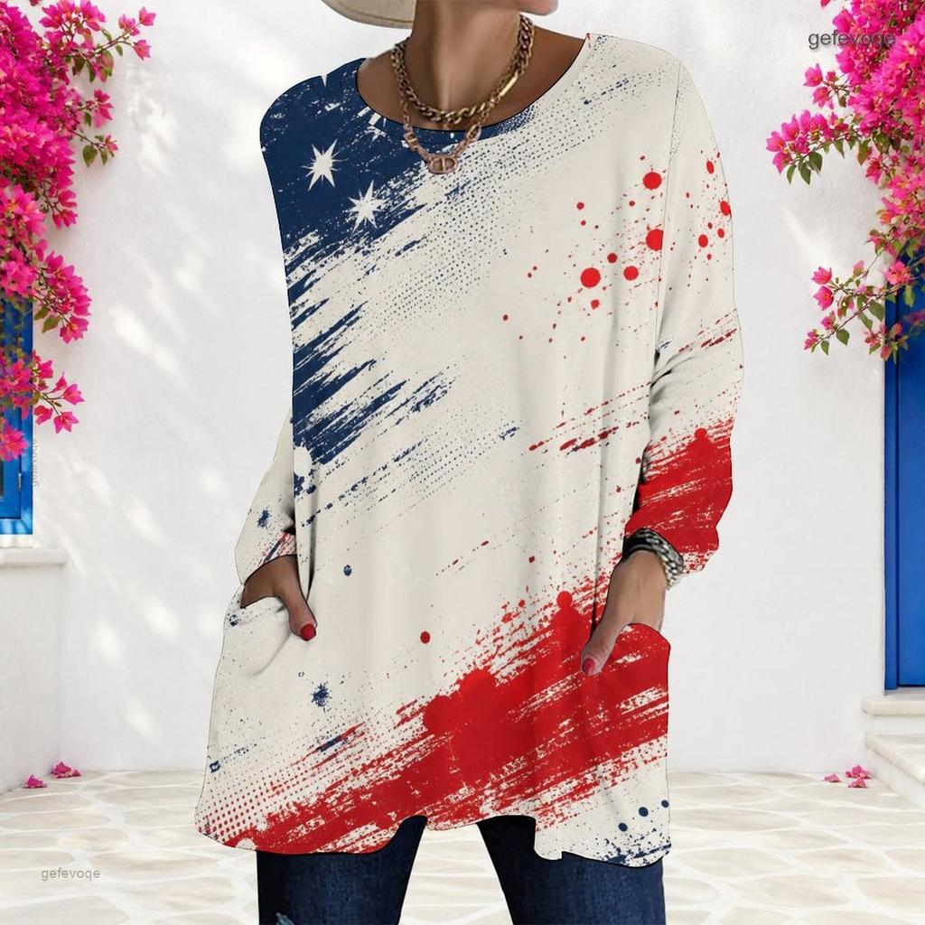 Ladies Plus Size Long Sleeve Pocket Tee Loose Relaxed Casual Everyday Leisure Blouse