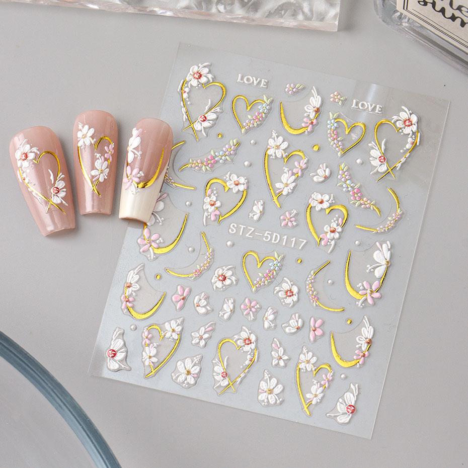 5D Embossed Kawaii Floral Gold Line Sliders Spring White Flowers Nail Stickers DIY Petals Wedding Nails Decals Accesories