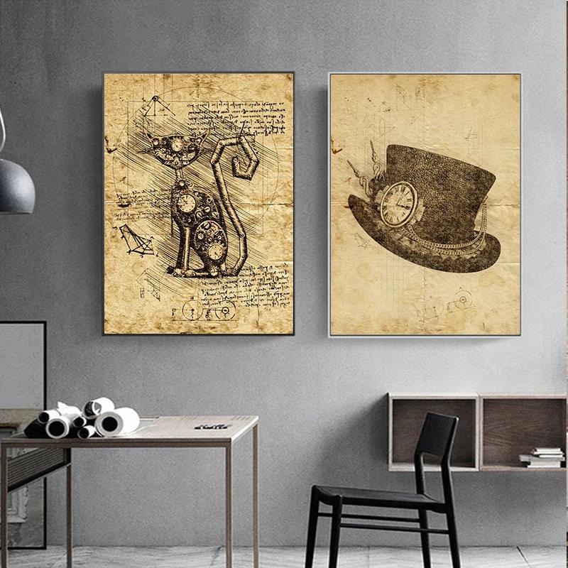 Vintage Steampunk Cat City Retro Animals Owl Raven Frog Monkey Wall Art Posters Canvas Painting Prints Pictures Home Room Decor