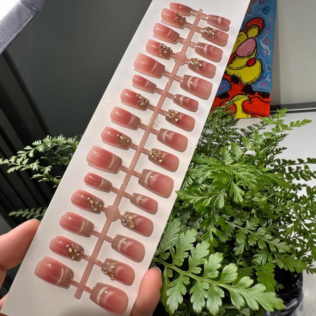 Zlaté francouzské kočičí oko šampaňské Ručně vyráběné hotové nehty - Nositelná, Hotové špičky nehtů, Umělé nehty