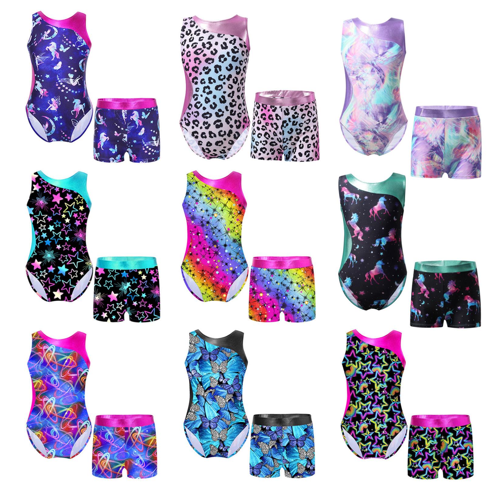 

Дитячі комплекти для гімнастики, танцювального одягу для дівчаток, трико без рукавів із металевими шортами, комплекти танцювального одягу 5-6 Years темно-синього кольору