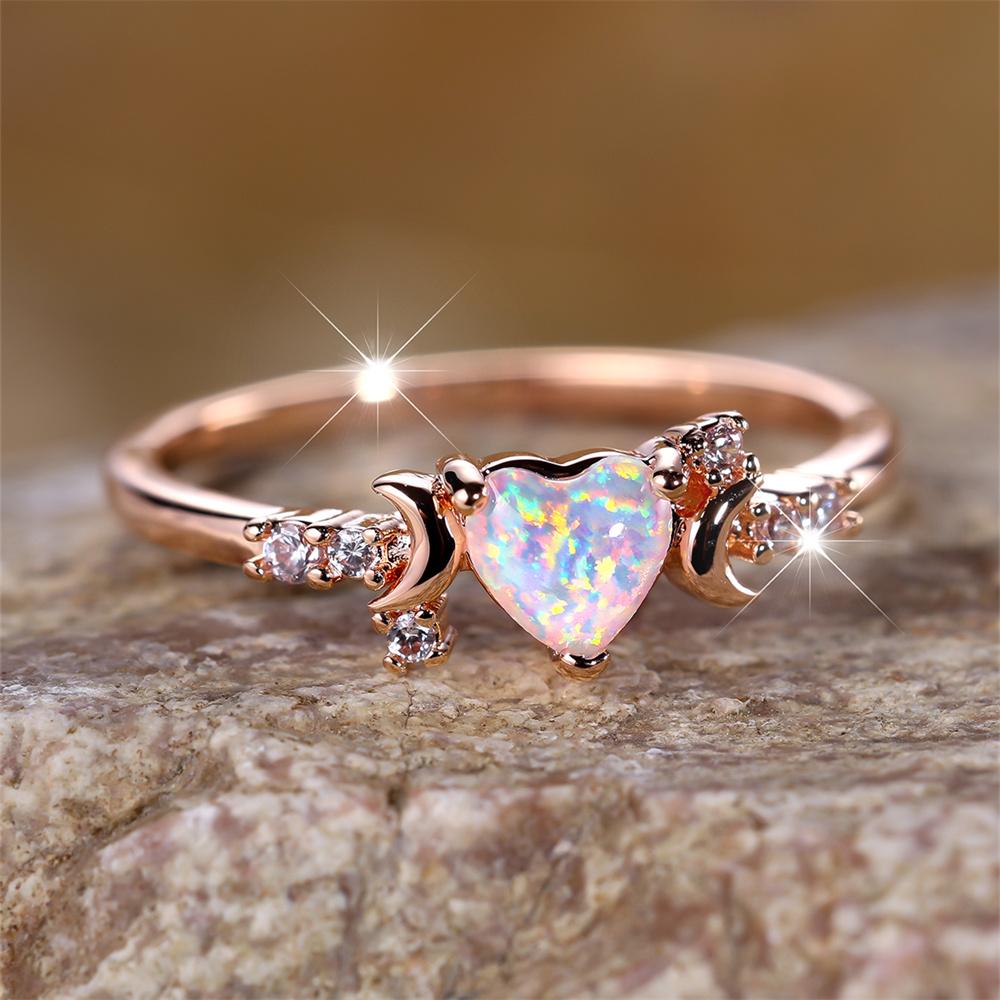 Moon Love Heart Engagement Ring Green Blue White Opal Stone Rings For Women Rose Gold Silver Color Wedding Bands Jewelry