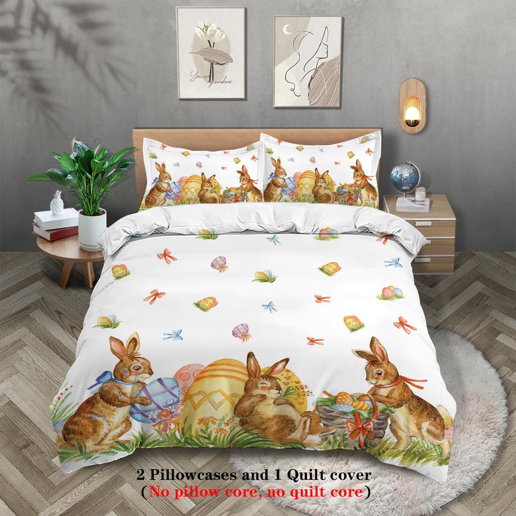 3-teiliges Cartoon Happy Easter Musterdruck Bettbezug-Set, Weich, Bequem und Atmungsaktiv Bettwäsche-Set, für Schlafzimmer, Gästezimmer, Hotel