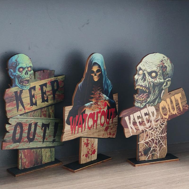 1Pcs Vintage Halloween Wooden Decorations - Gothic Cross Ghost Desktop Ornament For Spooky Party Creative Home Decor