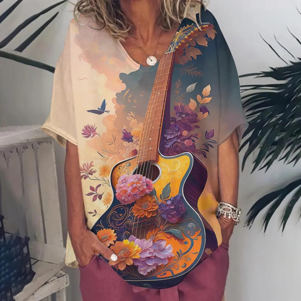 Ρούχα Γυναικεία με Λαιμόκοψη V Oversized Ρούχα Γυναικεία Κοντομάνικα Καλοκαίρι Ρετρό Μπλουζάκι Μόδες Βιολιά Μπλουζάκι με Εκτύπωση Streetwear