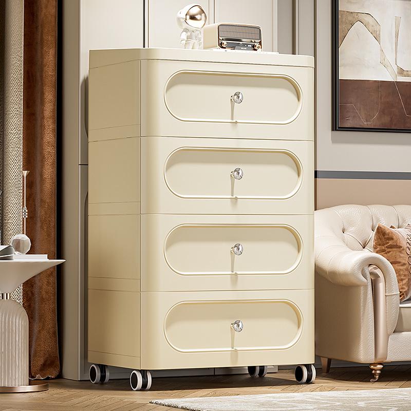 Cream Style Plastic Storage Cabinet: Thick Drawer-Type Bedside Table for Bedroom or Living Room Snack Storage.