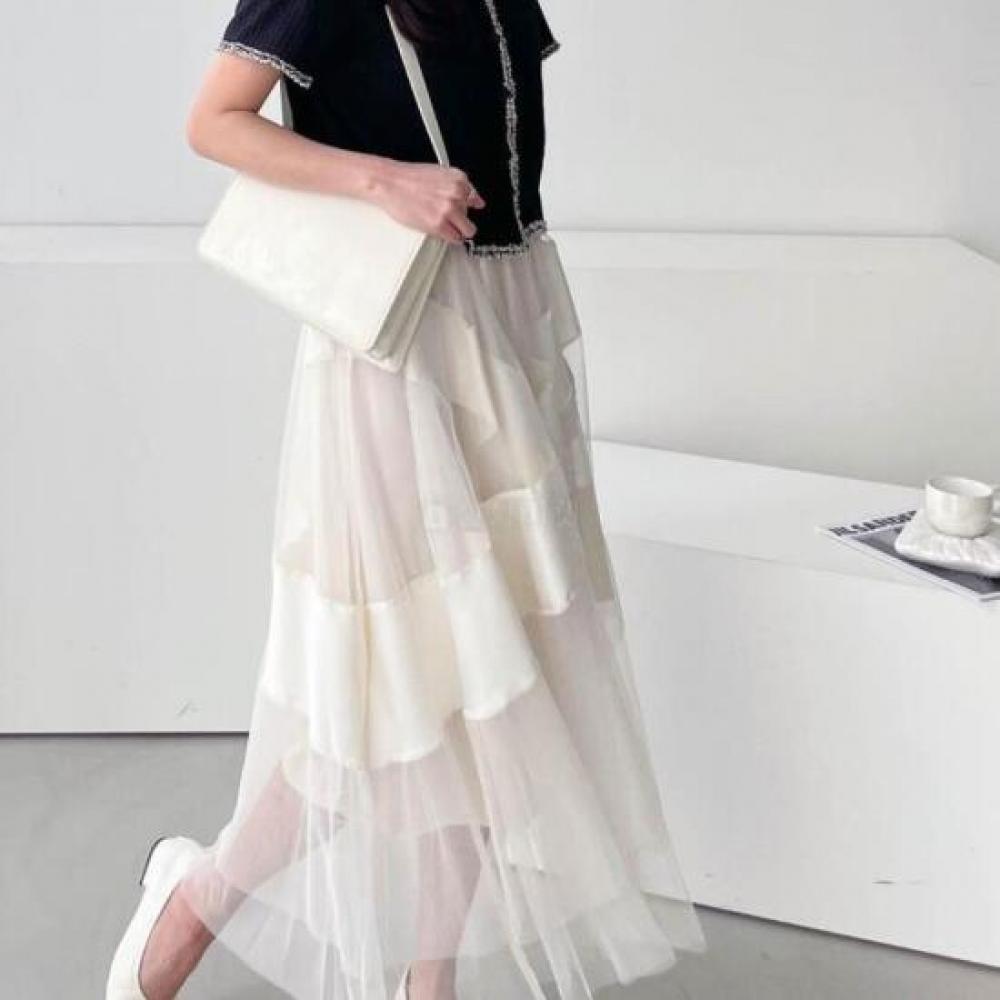 Mondead Women Chalang Fit Sheer Color Block Long Skirt