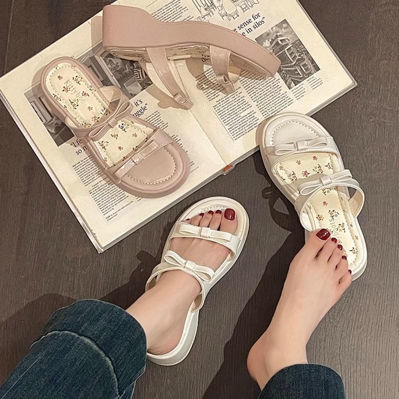 Fairy style with skirt women's wedge heels slippers summer French heightening bow open-toed thick bottom one-word cool slippers