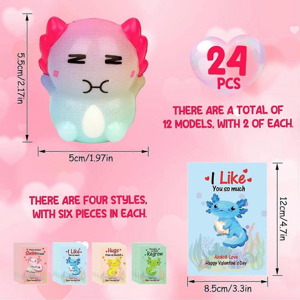 24PCS Axolotl Mochi Squishy Toys for Classroom, Gifts for Kids with Exchange Cards, Classroom Party Favors for Boys and Girls, Funny Stress Relief Toy