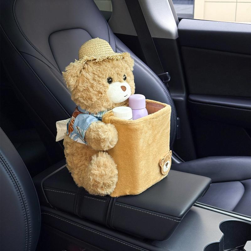 2 in 1 Cute Bear Car Tissue Box & Waste Bin Multifunctional Armrest Storage for Small Auto Accessories