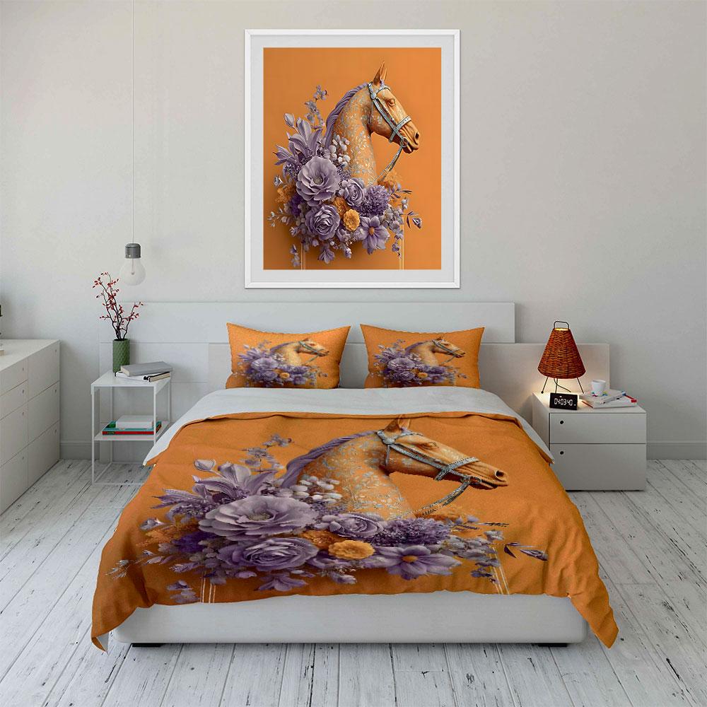 Elegant Horse with Floral Design Bedding Duvet Cover Set  (1*Duvet Cover 2*Pillowcases, without duvet insert)